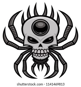 Vector cartoon illustration of a pointy clawed spiny orb-weaver spider with a mean skull design on his back. Great for Halloween!