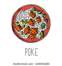 Vector cartoon illustration of poke bowl. Isolated object on a white background. Lettering. Hand-drawn style.