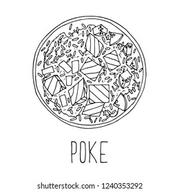 Vector cartoon illustration of poke bowl. Isolated object on a white background. Lettering. Hand-drawn style.