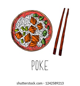 Vector cartoon illustration of poke bowl and chopsticks. Isolated objects on a white background. Lettering. Hand-drawn style.