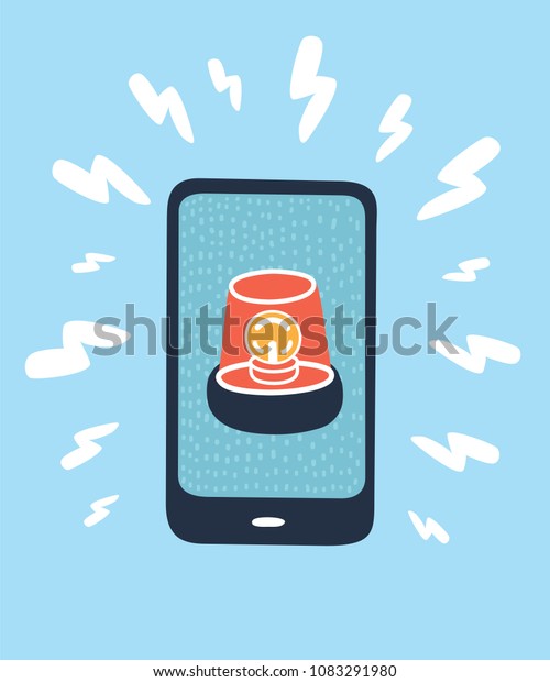 Vector\
cartoon illustration of police light red flashing sign, ambulance,\
or Firefighters siren on smartphone display. simple. Emergency\
vehicle lighting. Human hand hold phone with\
icon
