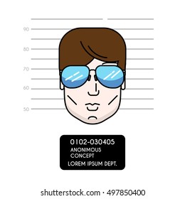 Vector cartoon illustration of police lineup or mugshot of anonymous male. Man head with sunglasses. Modern outline design style. For web, apps. Can be used as avatar or userpic