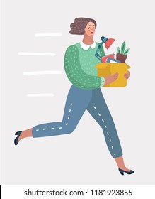 Vector cartoon illustration of Pop Art Fired or quit Woman. Disappointed Businesswoman Holding Box with Belongings and run away.