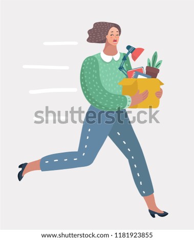 Vector cartoon illustration of Pop Art Fired or quit Woman. Disappointed Businesswoman Holding Box with Belongings and run away.
