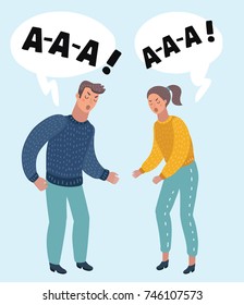 Vector cartoon illustration of portrait of an angry couple shouting each other against on isolated backround.