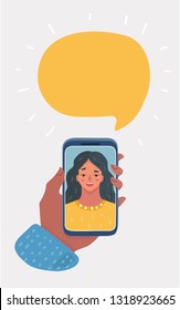 Vector cartoon illustration of Portrait of a smiling young woman on smartphone screen, speech bubble above.