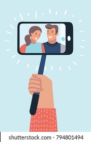 Vector cartoon illustration of portrait of smiling young people. Couple on smartphone. Humans hand holding selfie stick monopod. Funny characters on isolated background.