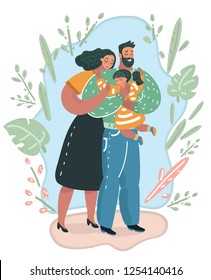 Vector cartoon illustration of Portrait of a young united family. Father keeps a small daughter in his arms. Woman gently embraces husband and daughter. Human characters on white.