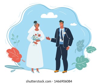 Vector cartoon illustration of portrait of a young couple. Bride and groom. Wedding. Human character on blue.