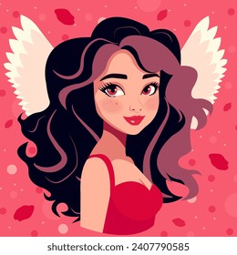 Ilustración vectorial de dibujos animados, retrato de una jovencita y hermosa cupido contra el fondo de pétalos de rosa caídos.
