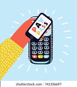 Vector cartoon illustration of Pos terminal confirms the payment by smartphone. nfc payments consume concept. Human hands hold phone under pos terminal. Colorfull modern style. Cashless payment.
