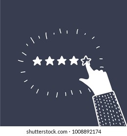 Vector cartoon illustration of Positive feedback concept. Humhan hands give five star rating. Rate, rank, estimate. Blac and white outline modern graphic style on dark background.