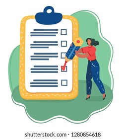 Vector cartoon illustration of Positive woman with a giant pencil marked checklist on a clipboard paper. Successful completion of business tasks.