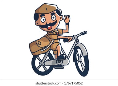 Vector cartoon illustration of postman on cycle. Isolated on white background.