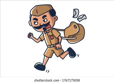 Vector cartoon illustration. Postman is running with letters bag. Isolated on white background.
