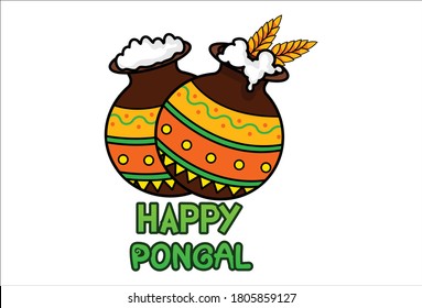 Vector cartoon illustration of pots with happy Pongal text sticker. Isolated on white background.
