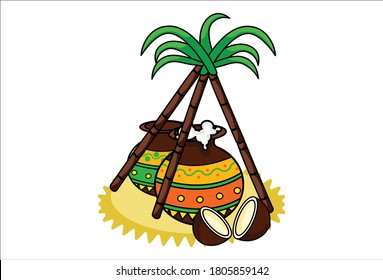 Vector cartoon illustration of pots and sugarcane on the Pongal festival. Isolated on white background.