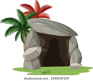 A vector cartoon illustration of a prehistoric cave in a natural setting