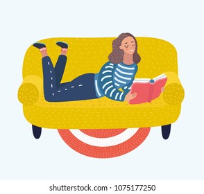 Vector cartoon illustration of pretty girl relaxing and reading book at home. Woman lies on her stomach with laptop. Relax or studying.