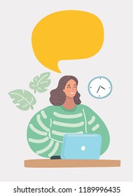 Vector cartoon illustration of Pretty woman with laptop talk. Bubble speech above her. Female character on white background.