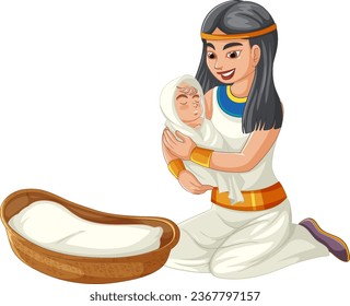 A vector cartoon illustration of a princess holding baby Moses, depicting a religious Bible story