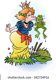 Vector cartoon illustration of a princess kissing a frog