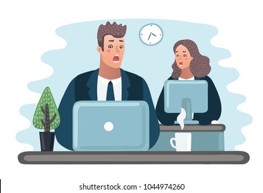 Vector cartoon illustration - problems with the computer. Scared office worker, screaming. A man sits on a chair at the table. Coworker, subordinate employees.