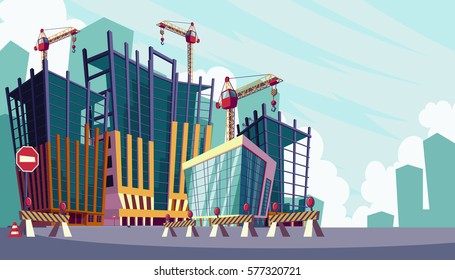 Vector cartoon illustration of the process of the construction of buildings