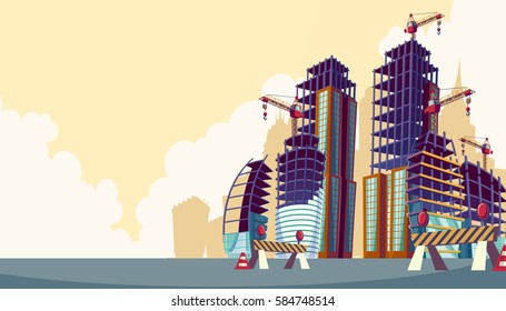 Vector cartoon illustration of the process of the construction of buildings