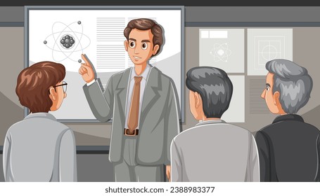 A vector cartoon illustration of Professor Oppenheimer teaching about atoms