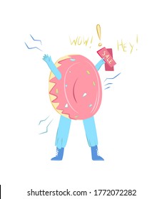 Vector cartoon illustration with promoter wearing donut costume. In his hand, he holds flyers and invites visitors to eatery. Concept of advertising, attracting customers, revenue, business.