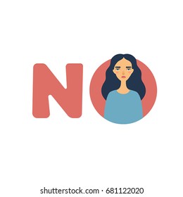 Vector cartoon illustration. Protest. Angry and dissatisfied young woman and word NO. Flat design, trendy style. White background isolated 