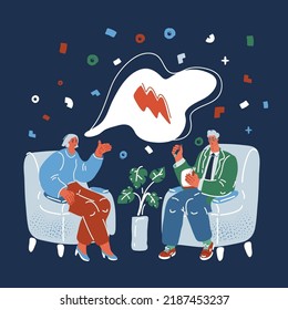 Vector cartoon illustration of psychologist talking with woman in the office over dark backround