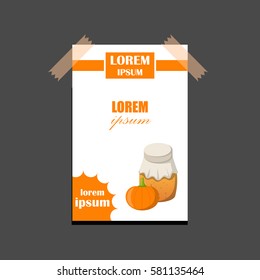Vector cartoon illustration with pumpkin jam jar. Sweet jelly marmalade glass bottle. Homemade sugar preserves icon. Fruit food object