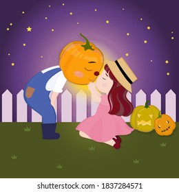 Vector cartoon illustration pumpkin man kissing girl on halloween night.