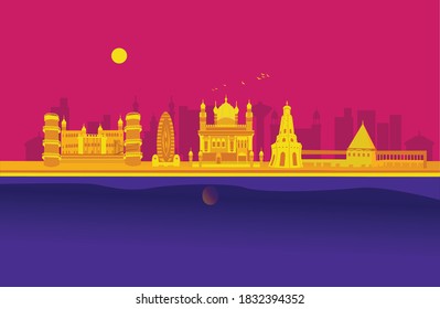 Vector cartoon illustration of the Punjab skyline. Isolated on a colored background.