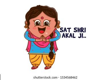 Vector cartoon illustration of Punjabi happy woman with greet hand. Sat shri akal ji Punjabi text translation - greetings. Isolated on white background.