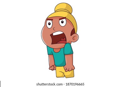 Vector cartoon illustration. Punjabi kid is scared. Isolated on white background.