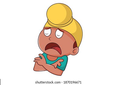 Vector cartoon illustration. Punjabi kid is upset. Isolated on white background.