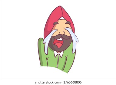 Vector cartoon illustration. Punjabi man is weeping. Isolated on white background.