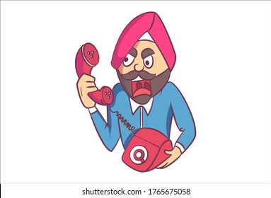 Vector cartoon illustration of Punjabi man shouting on telephone. Isolated on white background.