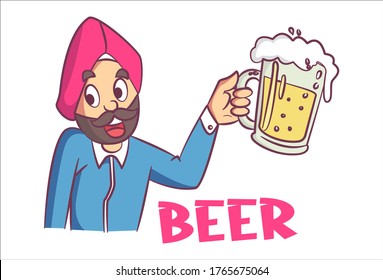 Vector cartoon illustration of Punjabi man holding beer glass in hand. Lettering text- beer. Isolated on white background.