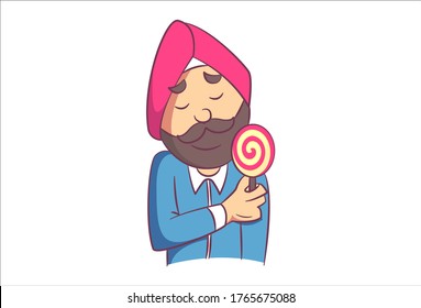 Vector cartoon illustration of Punjabi man holding candy in hand. Isolated on white background.