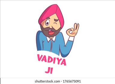 Vector cartoon illustration of Punjabi man with okay sign. Vadiya ji Hindi text translation- very good. Isolated on white background.