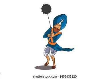 Vector cartoon illustration of Punjabi nihang sardar with kandayali gola. Isolated on white background.