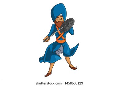 Vector cartoon illustration of Punjabi nihang sardar with sward and dhal. Isolated on white background.