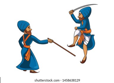 Vector cartoon illustration of Punjabi nihang sardar are practicing for gatka competition. Isolated on white background.