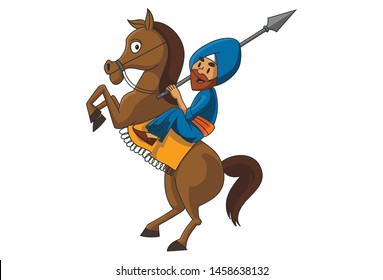 Vector cartoon illustration of Punjabi nihang sardar riding horse with spear. Isolated on white background.