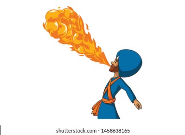 Vector cartoon illustration of Punjabi nihang sardar is performing fire breathing act. Isolated on white background.