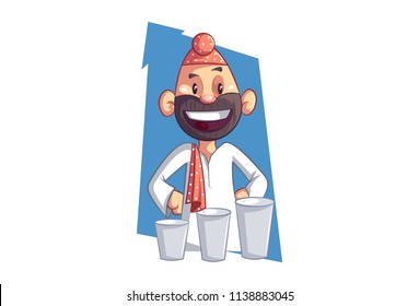 Vector Cartoon Illustration Of Punjabi Sardar With Three Buttermilk Glass. Isolated On White Background.